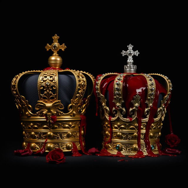 A pair of royal crowns, a king's and a queen's, intricately designed and draped in fresh blood, set against a pitch-black background