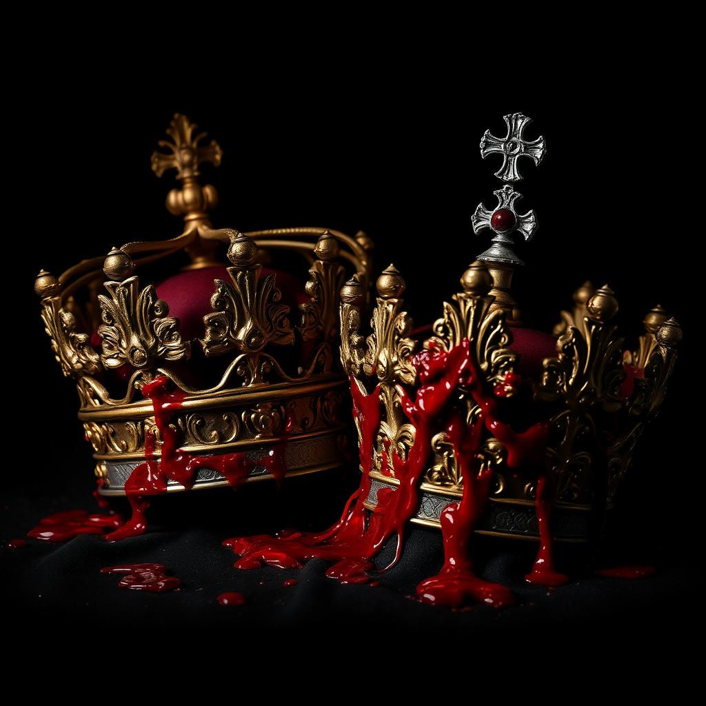 A pair of royal crowns, a king's and a queen's, intricately designed and draped in fresh blood, set against a pitch-black background