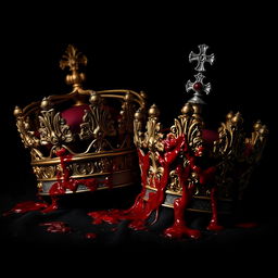 A pair of royal crowns, a king's and a queen's, intricately designed and draped in fresh blood, set against a pitch-black background