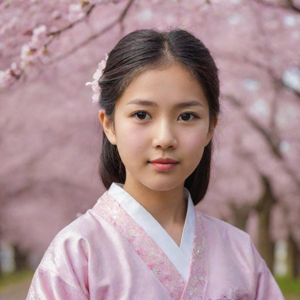 A portrait of an Asian girl with sparkling eyes, wearing traditional attire, with a backdrop of cherry blossom trees.