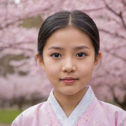 A portrait of an Asian girl with sparkling eyes, wearing traditional attire, with a backdrop of cherry blossom trees.