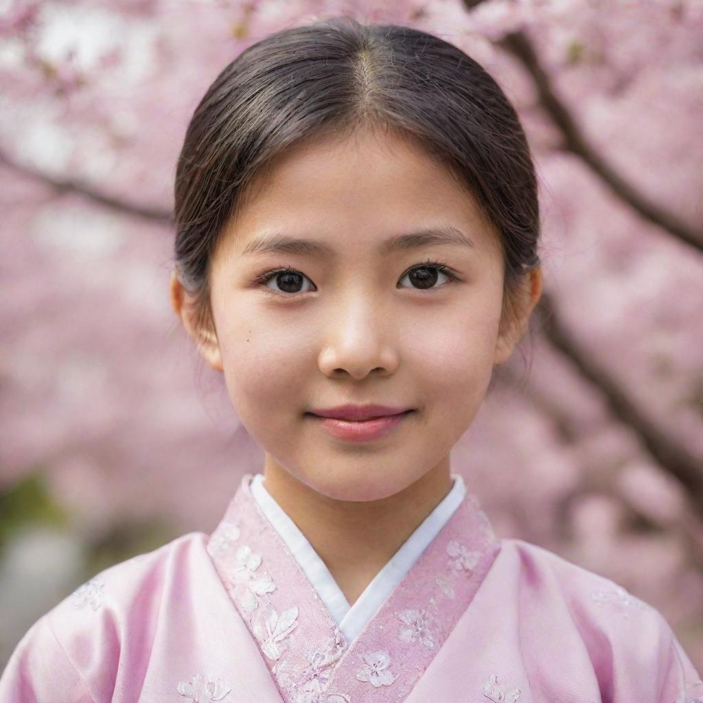 A portrait of an Asian girl with sparkling eyes, wearing traditional attire, with a backdrop of cherry blossom trees.