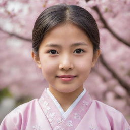 A portrait of an Asian girl with sparkling eyes, wearing traditional attire, with a backdrop of cherry blossom trees.