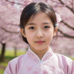 A portrait of an Asian girl with sparkling eyes, wearing traditional attire, with a backdrop of cherry blossom trees.