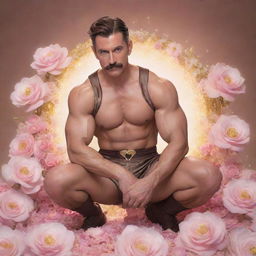 A photorealistic image depicting a lively, muscular man in his 40s, with abs and a modern pompadour moustache, crouched down