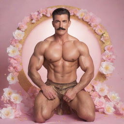 A photorealistic image depicting a lively, muscular man in his 40s, with abs and a modern pompadour moustache, crouched down