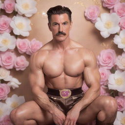 A photorealistic image depicting a lively, muscular man in his 40s, with abs and a modern pompadour moustache, crouched down