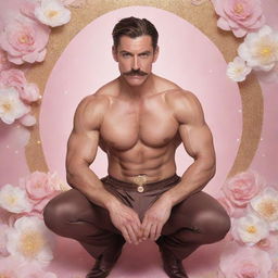 A photorealistic image depicting a lively, muscular man in his 40s, with abs and a modern pompadour moustache, crouched down