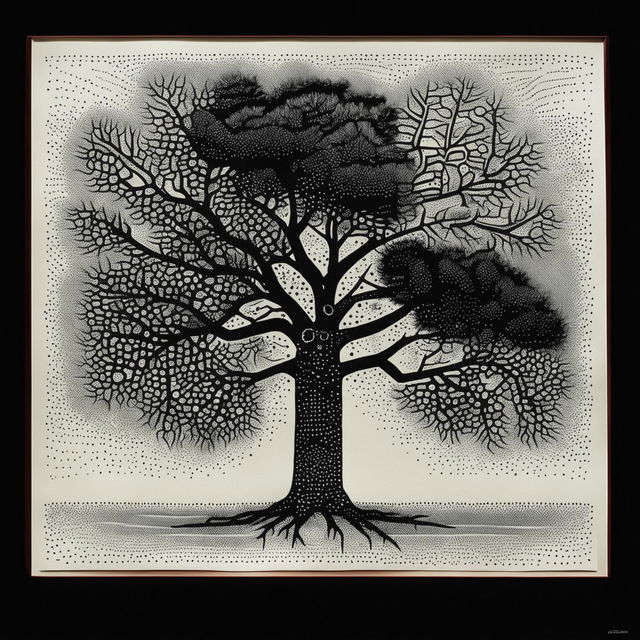 Stippled artwork of a solitary tree with detailed leaves and roots, set against a gradient background representing a misty morning sky