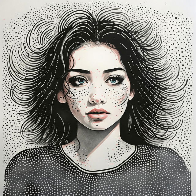 Stippled artwork portrait of a beautiful 21-year-old girl with expressive eyes and loose waves of hair, set against a gradient background