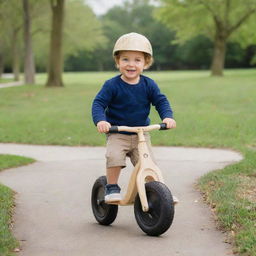 A three-year-old boy happily riding a wooden balance bike, with no pedals, in a park setting.