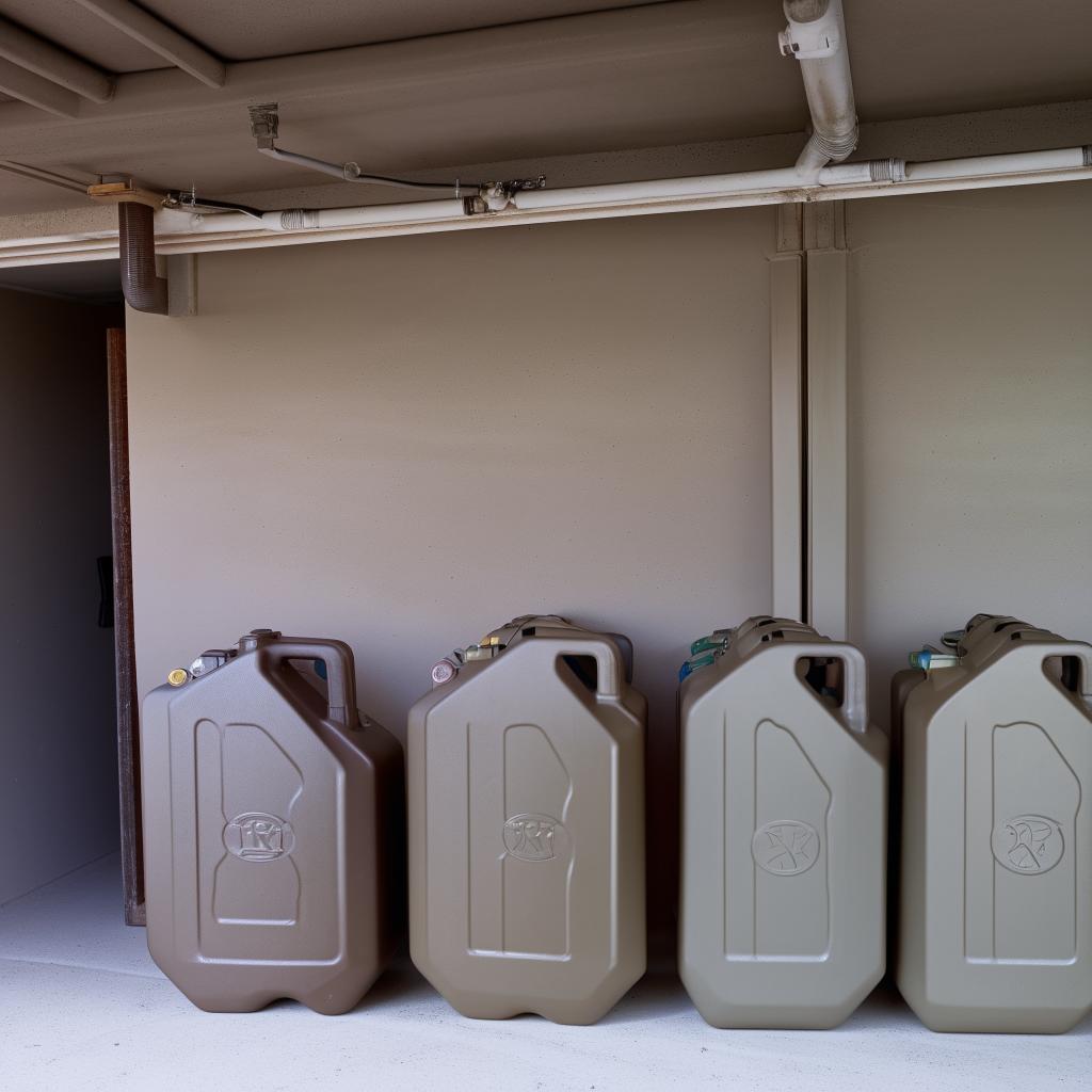 interior home garage showing 3 10-liter jerry cans