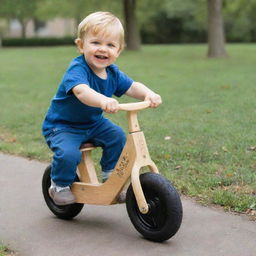 A three-year-old boy happily riding a wooden balance bike, with no pedals, in a park setting.