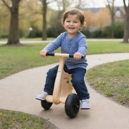 A three-year-old boy happily riding a wooden balance bike, with no pedals, in a park setting.