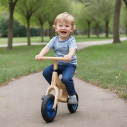 A three-year-old boy happily riding a wooden balance bike, with no pedals, in a park setting.