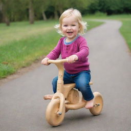 A charming 3 year old child proudly riding on a wooden balance bicycle, highlighting joy and innocence.