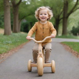 A charming 3 year old child proudly riding on a wooden balance bicycle, highlighting joy and innocence.