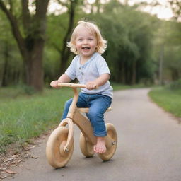 A charming 3 year old child proudly riding on a wooden balance bicycle, highlighting joy and innocence.