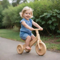 A charming 3 year old child proudly riding on a wooden balance bicycle, highlighting joy and innocence.