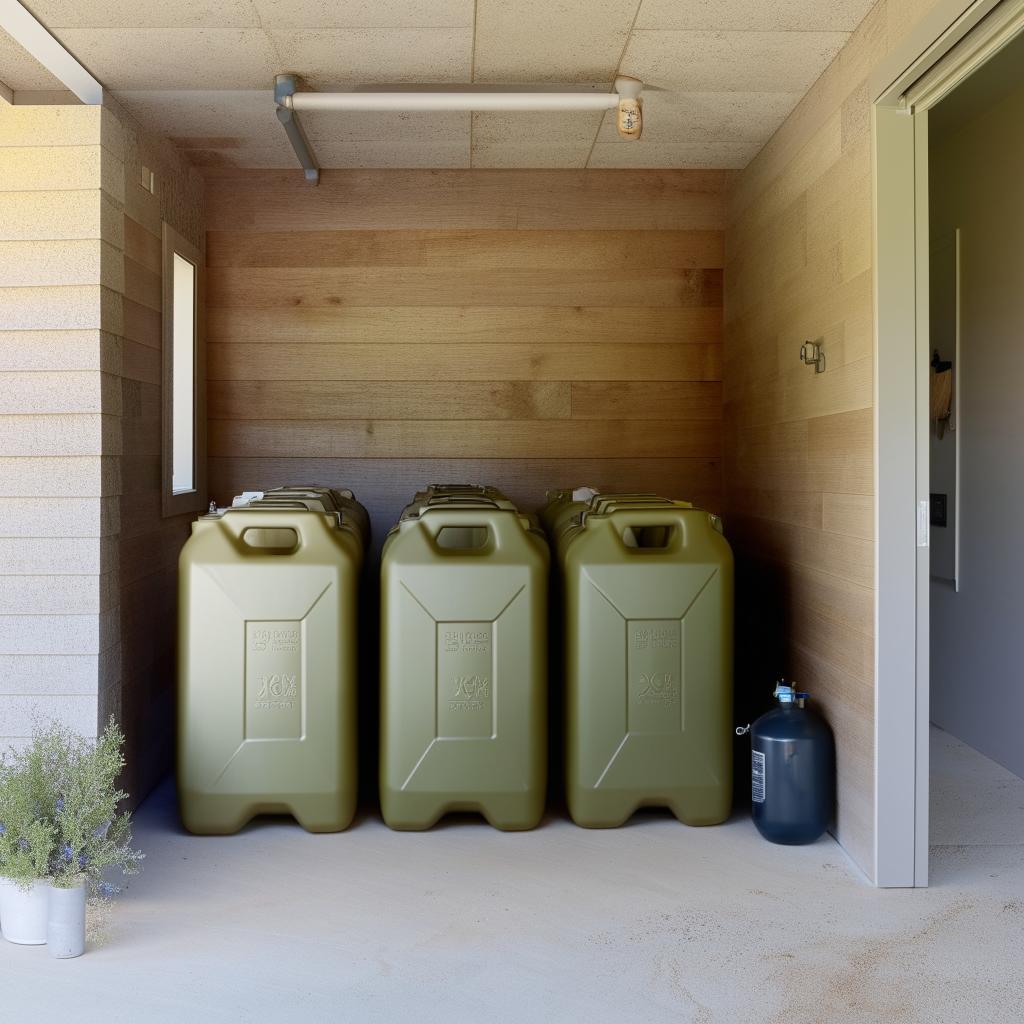 interior home garage showing 3 10-liter jerry cans