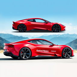 A sleek and futuristic fusion car design, combining elements of a Tesla's aerodynamic features and a Ferrari's sporty aesthetics