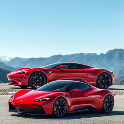 A sleek and futuristic fusion car design, combining elements of a Tesla's aerodynamic features and a Ferrari's sporty aesthetics