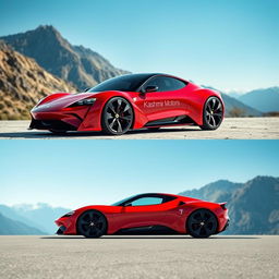 A sleek and futuristic fusion car design, combining elements of a Tesla's aerodynamic features and a Ferrari's sporty aesthetics