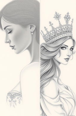 A pencil drawing of a woman in shadow, elegantly depicting her silhouette with delicate features barely visible, capturing a sense of mystery and intrigue