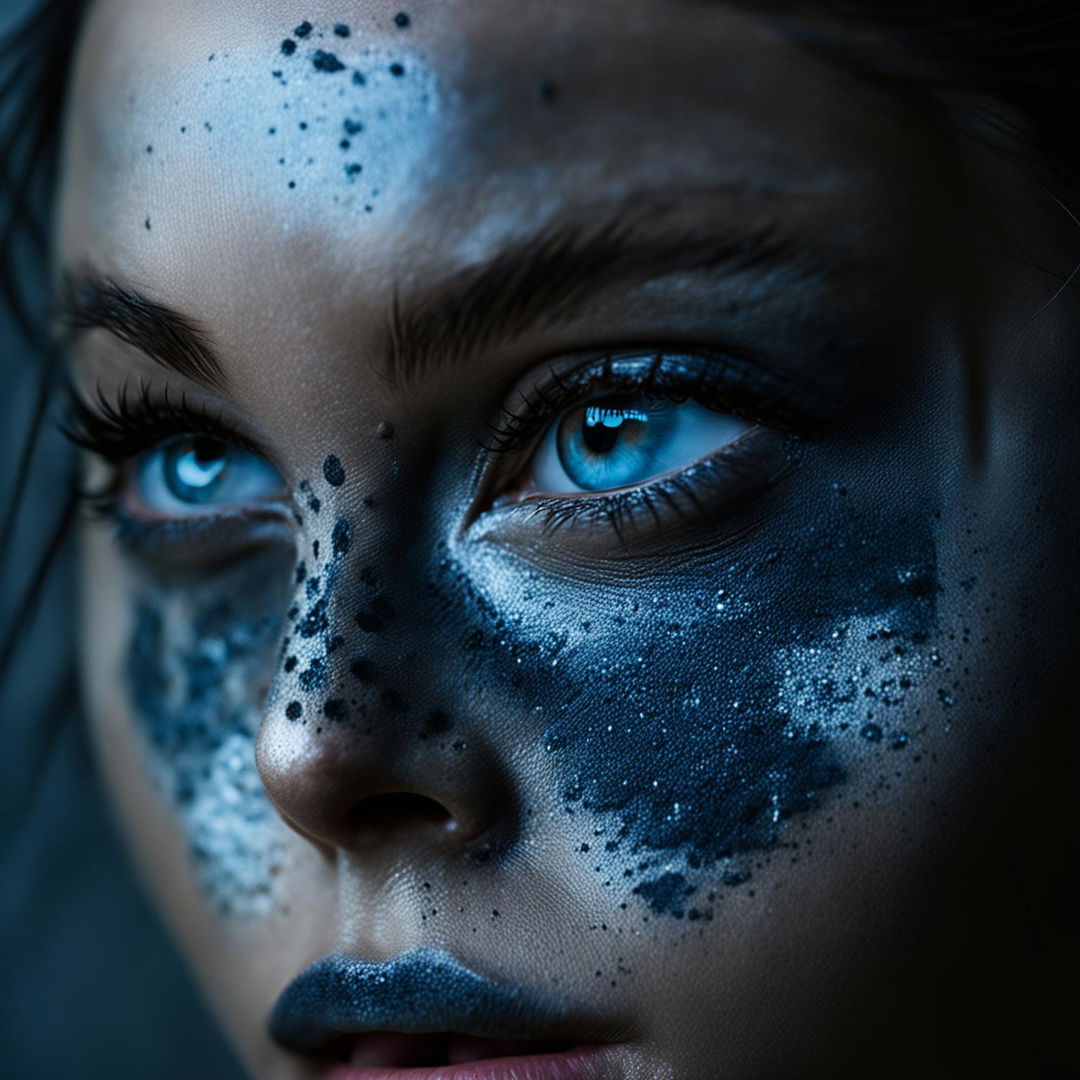 Close-up photograph of a model with intricate smokey eye makeup in an editorial magazine style shoot with immaculate composition and lighting