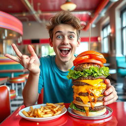 A joyful young man with distinctive short stature and a big smile, sitting at a colorful diner table, enthusiastically holding a massive, delicious burger stacked high with lettuce, tomatoes, and cheese