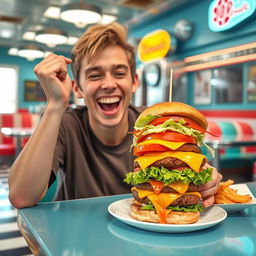 A joyful young man with distinctive short stature and a big smile, sitting at a colorful diner table, enthusiastically holding a massive, delicious burger stacked high with lettuce, tomatoes, and cheese