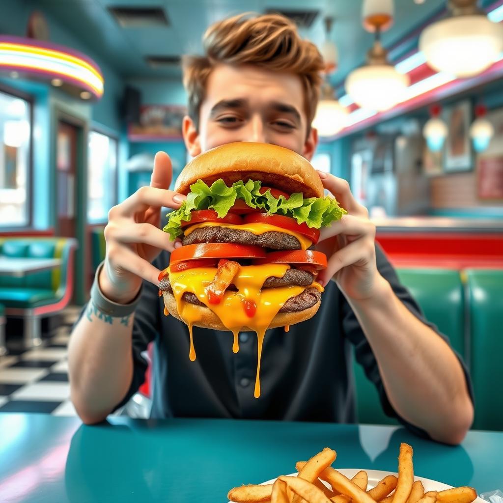 A joyful young man with distinctive short stature and a big smile, sitting at a colorful diner table, enthusiastically holding a massive, delicious burger stacked high with lettuce, tomatoes, and cheese