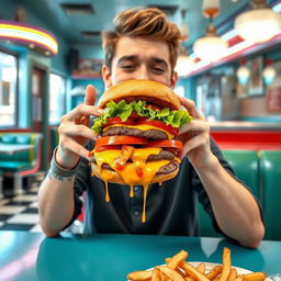 A joyful young man with distinctive short stature and a big smile, sitting at a colorful diner table, enthusiastically holding a massive, delicious burger stacked high with lettuce, tomatoes, and cheese