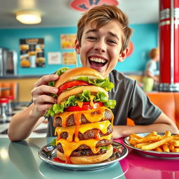 A joyful young man with distinctive short stature and a big smile, sitting at a colorful diner table, enthusiastically holding a massive, delicious burger stacked high with lettuce, tomatoes, and cheese