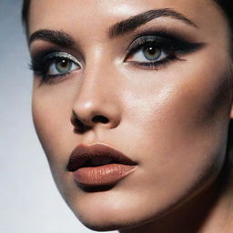 Close-up photograph of a model with detailed smokey eye makeup, set in an editorial magazine shoot, emphasized by immaculate composition and dramatic lighting