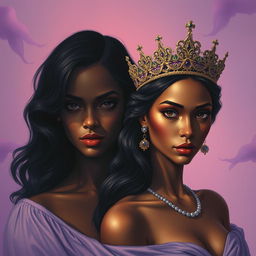 A captivating artwork depicting two women: one woman emerging from shadow, her features obscured to maintain an air of mystery, while the other woman gracefully wears an elaborate crown, both of their racial identities deliberately left ambiguous