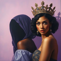 A captivating artwork depicting two women: one woman emerging from shadow, her features obscured to maintain an air of mystery, while the other woman gracefully wears an elaborate crown, both of their racial identities deliberately left ambiguous