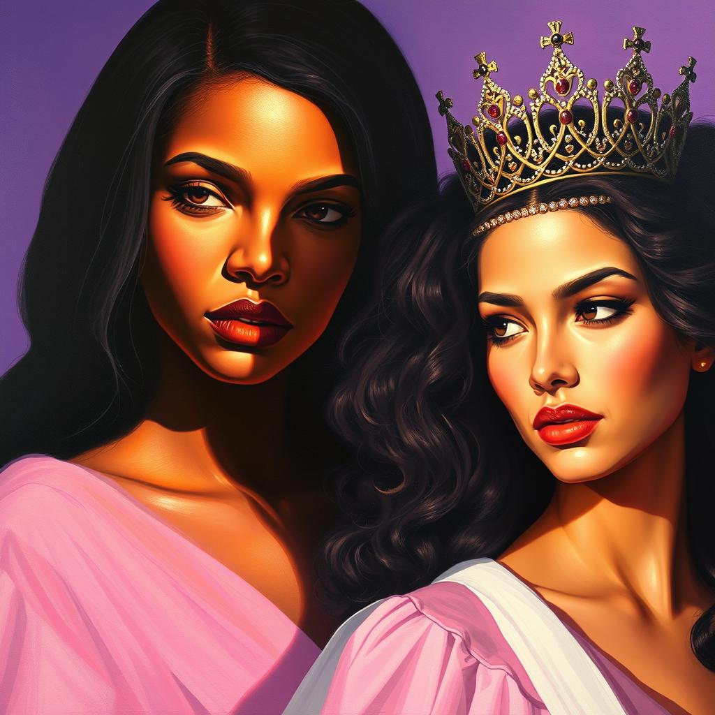 A captivating artwork depicting two women: one woman emerging from shadow, her features obscured to maintain an air of mystery, while the other woman gracefully wears an elaborate crown, both of their racial identities deliberately left ambiguous