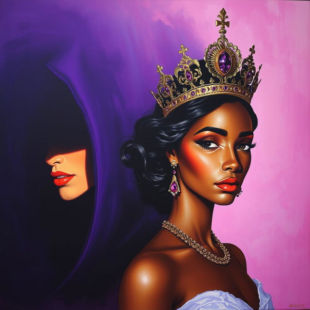 A captivating artwork depicting two women: one woman emerging from shadow, her features obscured to maintain an air of mystery, while the other woman gracefully wears an elaborate crown, both of their racial identities deliberately left ambiguous