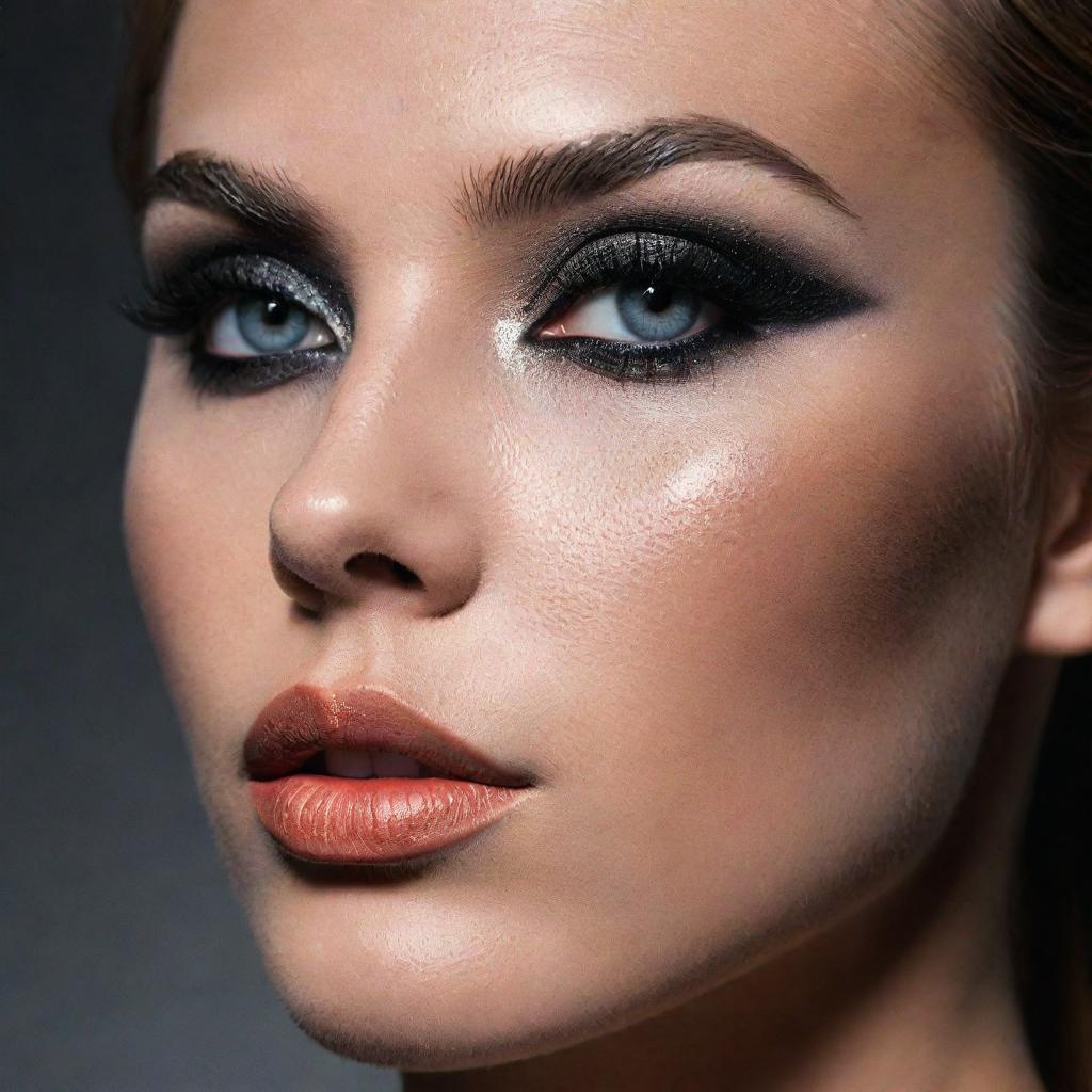 Close-up photograph of a model with detailed smokey eye makeup, set in an editorial magazine shoot, emphasized by immaculate composition and dramatic lighting