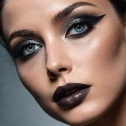 Close-up photograph of a model with detailed smokey eye makeup, set in an editorial magazine shoot, emphasized by immaculate composition and dramatic lighting