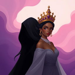 An artistic illustration featuring two women: one shrouded in shadow, her features and identity deliberately obscured, evoking a sense of mystery, while the other woman stands proudly with a beautifully ornate crown, her racial identity also left ambiguous
