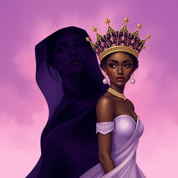 An artistic illustration featuring two women: one shrouded in shadow, her features and identity deliberately obscured, evoking a sense of mystery, while the other woman stands proudly with a beautifully ornate crown, her racial identity also left ambiguous
