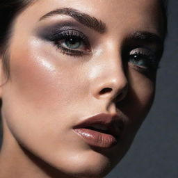 Close-up photograph of a model with detailed smokey eye makeup, set in an editorial magazine shoot, emphasized by immaculate composition and dramatic lighting