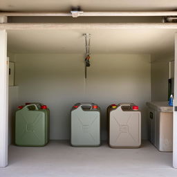 interior home garage showing 3 10-liter jerry cans