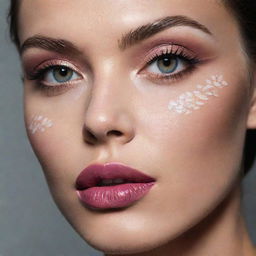 Close-up photograph of a model with a new, intricate and detailed makeup inspiration, under magazine editorial shoot lighting and composition