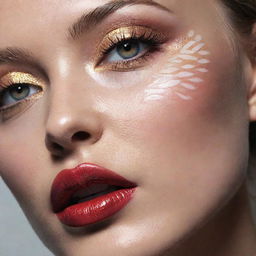 Close-up photograph of a model with a new, intricate and detailed makeup inspiration, under magazine editorial shoot lighting and composition