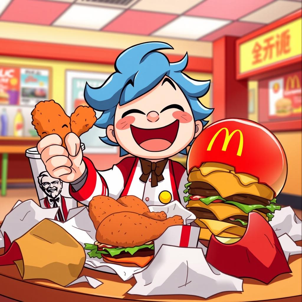 A whimsical cartoon scene featuring a joyful character named Caseoh, happily indulging in a feast of KFC fried chicken and McDonald's burgers, surrounded by empty wrappers and a playful, oversized soda cup