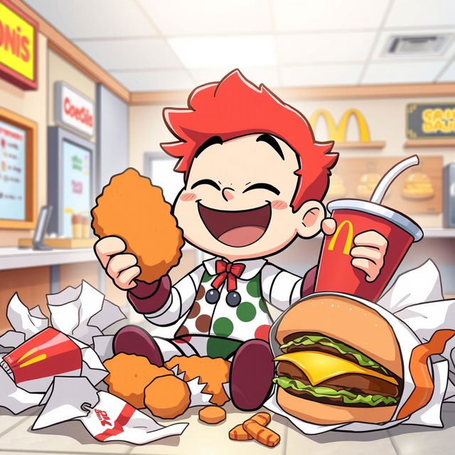 A whimsical cartoon scene featuring a joyful character named Caseoh, happily indulging in a feast of KFC fried chicken and McDonald's burgers, surrounded by empty wrappers and a playful, oversized soda cup