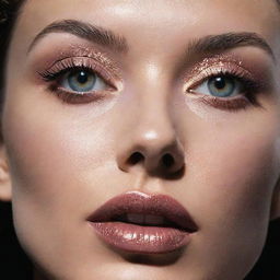 Close-up photograph of a model with a new, intricate and detailed makeup inspiration, under magazine editorial shoot lighting and composition